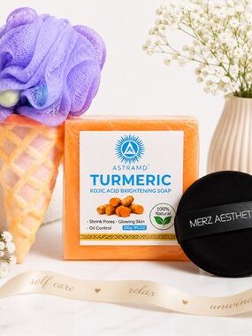 Spa Gift Set 💜 Turmeric Kojic Acid Soap, Ice Cream Loofah & Merz Powder Puff